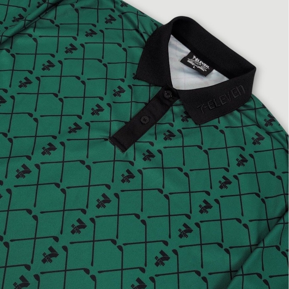 7-Eleven Green Pique Stripe Polo Men Large Green All Over Print Performance Golf